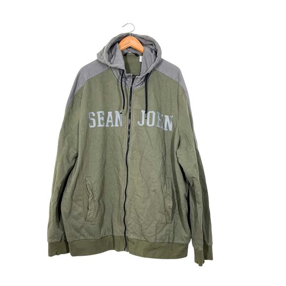 Sean John Men’s Cotton Full Zip Hoodie Sweatshirt Sz 4XB‎ Green Gray Logo - Picture 1 of 9
